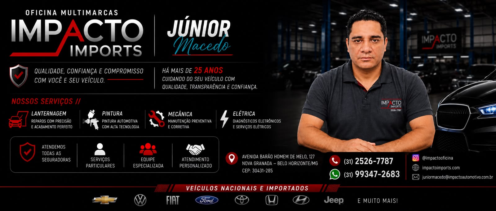 Banner institucional da Impacto Imports com serviços, contatos e informações da oficina
